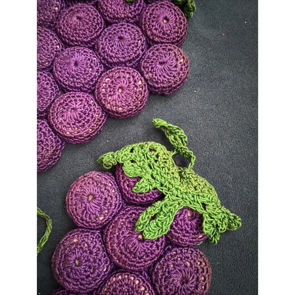 Lot Of 4‎ Vtg Handmade Crochet And Bottlecap Cork Grape Trivets Purple And Red